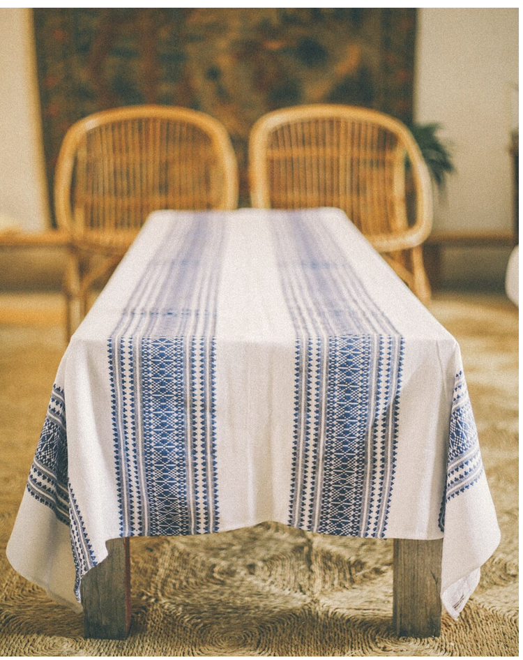 MANTEL DE ALGODÓN CENEFAS AZULES 180x100cm
